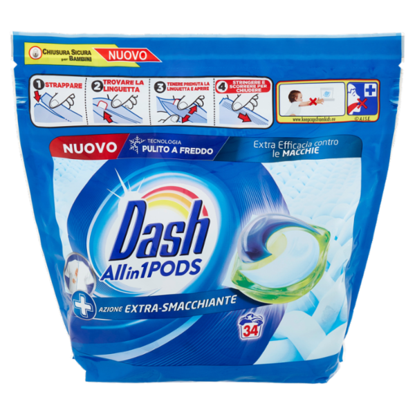 Dash Pods Allin1 Detersivo Lavatrice Capsule Bucato + Azione Extra-Smacchiante 34 Lavaggi 924,8 g