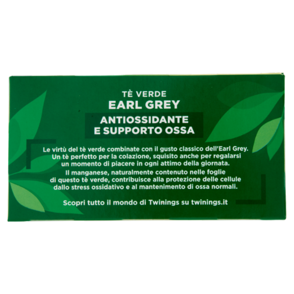 Twinings Earl Grey Tè Verde aromatizzato Bergamotto Antiossidante e Supporto Ossa 20 filtri The 40 g