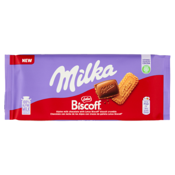 Milka Lotus Biscoff, tavoletta di cioccolato al latte 100% Alpino - 90g