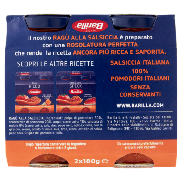 Barilla Sugo Ragù Salsiccia Condimento per Pasta 180gX2