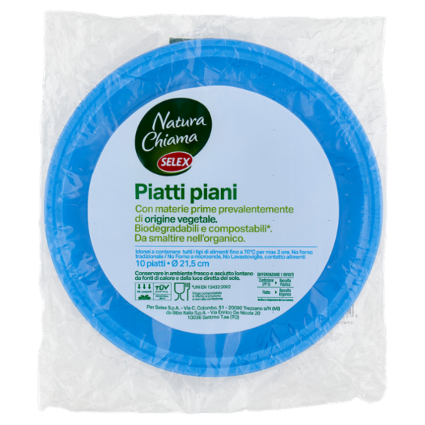 Selex Natura Chiama Piatti Piani Biodegradabili e Compostabili Ecologici Azzurri 10 pezzi