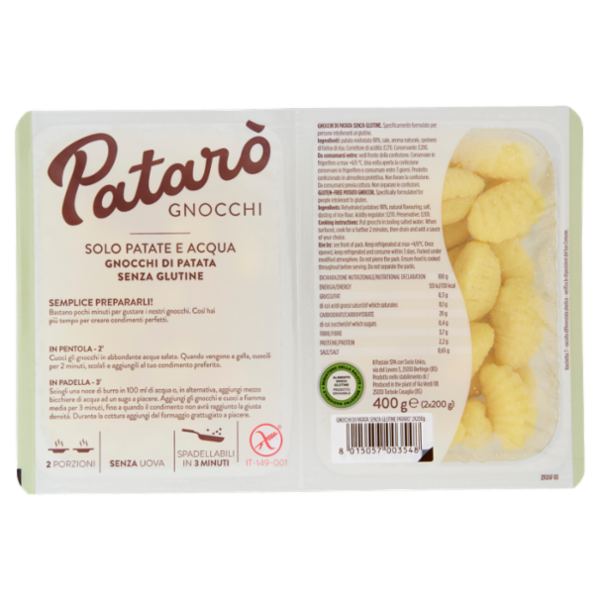 Patarò Gnocchi Solo Patate e Acqua Gnocchi di Patata Senza Glutine 2 x 200 g
