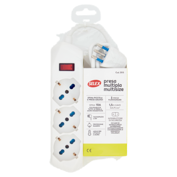 Selex Presa Multipla 3 uscite pluristandard 10/16A Inter.Sicurezza+Cavo 1,5m Sp. S/Spazio 90° Bianco