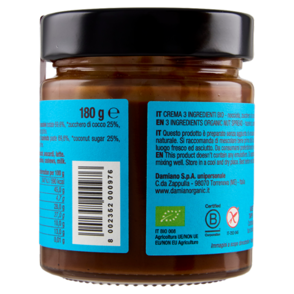 Damiano Bio Solo Tre. nocciola, zucchero di cocco, cacao 180 g