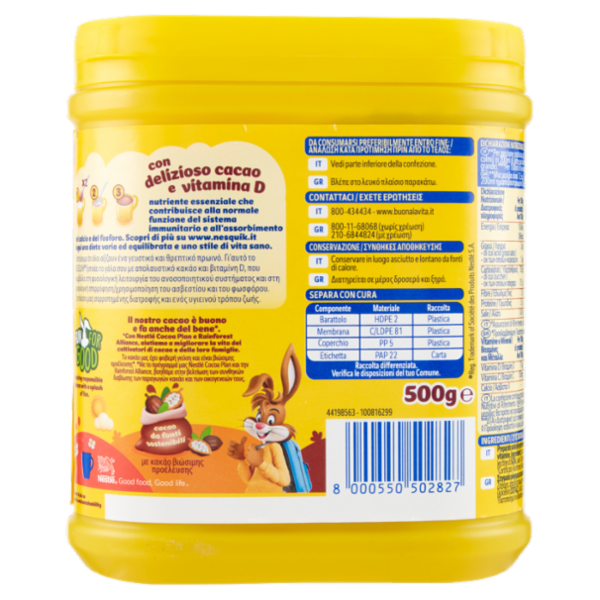 NESQUIK Preparato Solubile per Bevanda con Cacao Magro barattolo 500 g