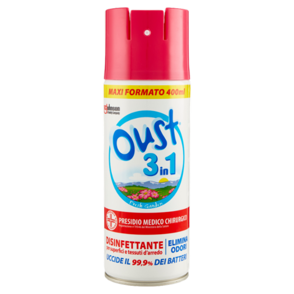 Oust 3 in 1 Spray Disinfettante per Superfici e Tessuti d'Arredo, Fragranza Floreale 400ml