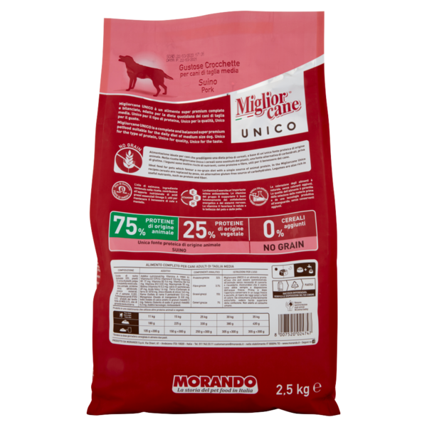 Migliorcane Unico Gustose Crocchette Suino per Cani Adulti >10 kg Taglia Media 2,5 kg