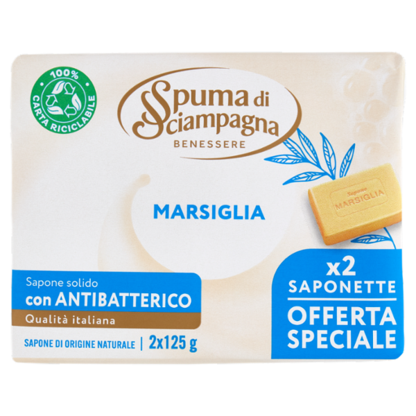Spuma di Sciampagna Benessere Sapone solido Marsiglia 2 x 125 g