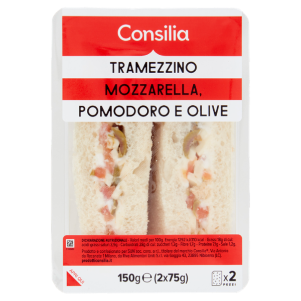 Consilia Tramezzini Farciti Mozzarella, Pomodoro e Olive 2x75 g