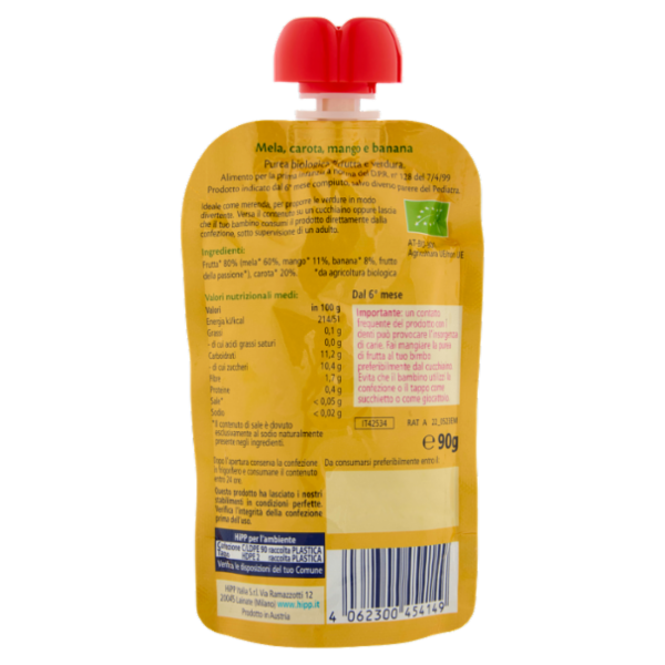 HiPP Biologico Frutta & Verdura Frullata Mela, carota, mango e banana 90 g
