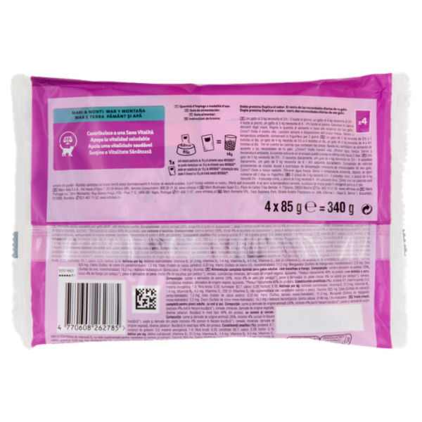 Whiskas Duo Cibo Umido Gatto Mari & Monti in Gelatina Merluzzo & Pollo, Salmone & Tacchino 4x85g