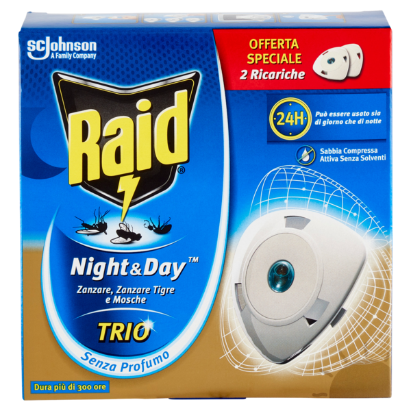 Raid Night & Day Trio Zanzare, Zanzare Tigre, Mosche 2 Ricariche