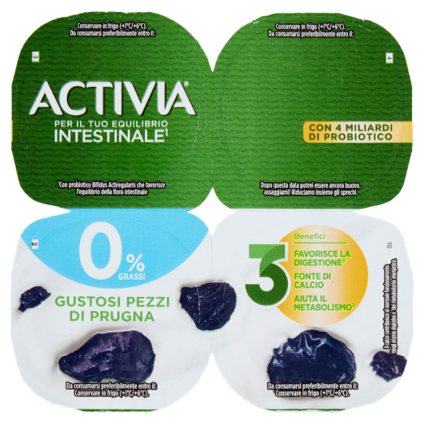 ACTIVIA Yogurt con Probiotico Bifidus, 0% Grassi, gusto Prugna, 4x125g