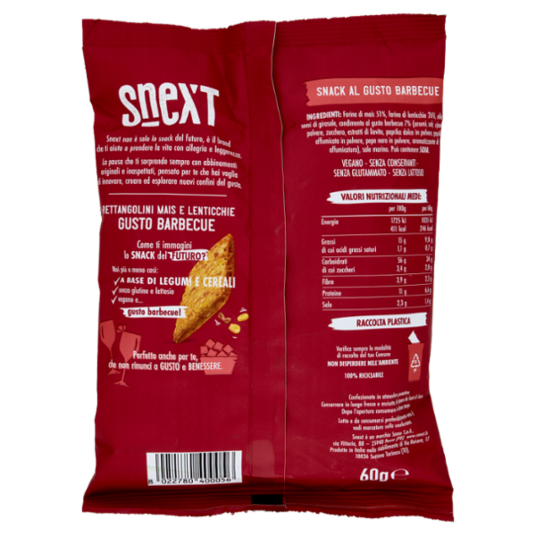Snext Rettangolini Mais e Lenticchie Gusto Barbecue 60 g