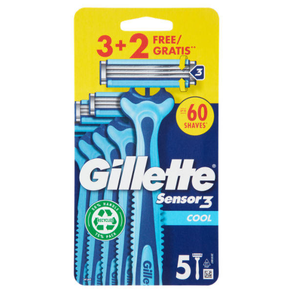 Gillette Sensor 3 Cool Rasoio da Uomo Usa e Getta, 3 Rasoi + 2 Gratis