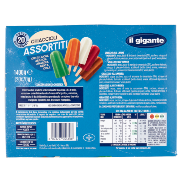 IL GIGANTE Ghiaccioli Assortiti Gusti Limone, Arancia, Amarena, Menta, Cola 20 x 70 g
