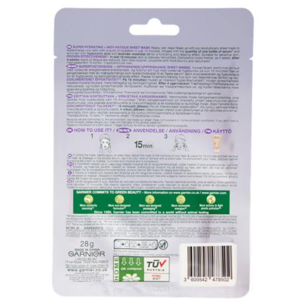 Garnier Maschera in Tessuto SkinActive Hydra Bomb Lavanda, Formula Super Idratante Effetto Relax 28g