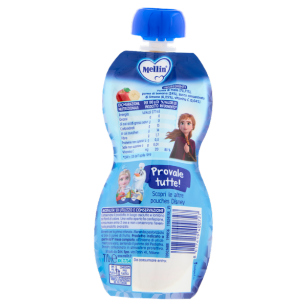 MELLIN Disney Frozen Anna Merenda di Frutta 100% con Vit C, Mela e Banana, dal 9° mese, 110g