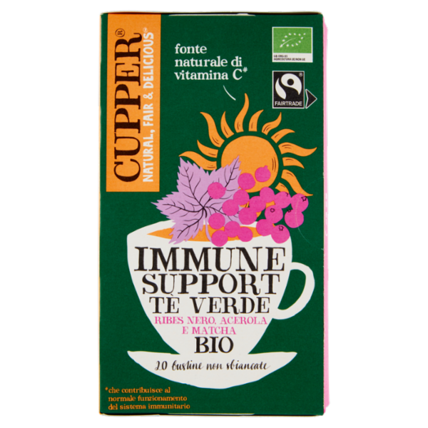 CUPPER Tè Verde Immune Support Biologico Fairtrade con Ribes Nero, Acerola e Matcha, 20 bustine 40 g