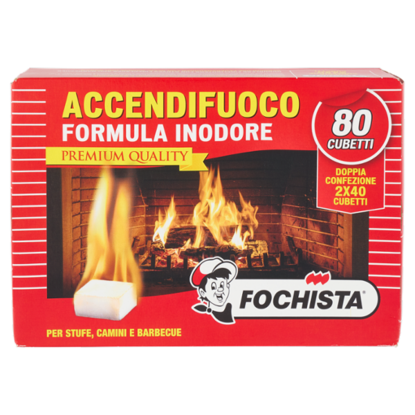 Fochista Accendifuoco Formula Inodore Premium Quality per Stufe, Camini e Barbecue Cubetti 2 x 40 pz