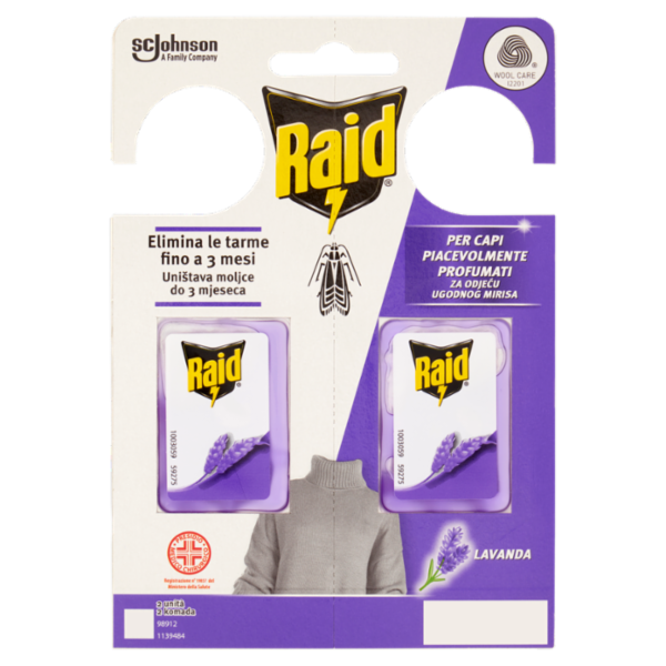 Raid Anti Tarme Gel Vestiti, per Capi Piacevolmente Profumati, Fragranza alla Lavanda, 2 x 3g