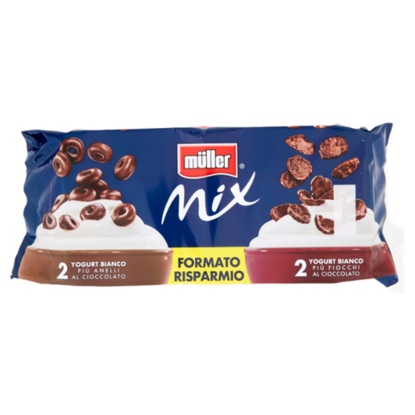 müller Mix 2 Yogurt Bianco Più Anelli al Cioccolato+2 Yogurt Bianco Più Fiocchi al Cioccolato 4x150g