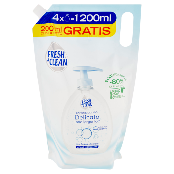 Fresh & Clean Detergente Mani-Viso Ipoallergenico Pelle Sensibile Acqua Micellare ecoRicarica 1200ml