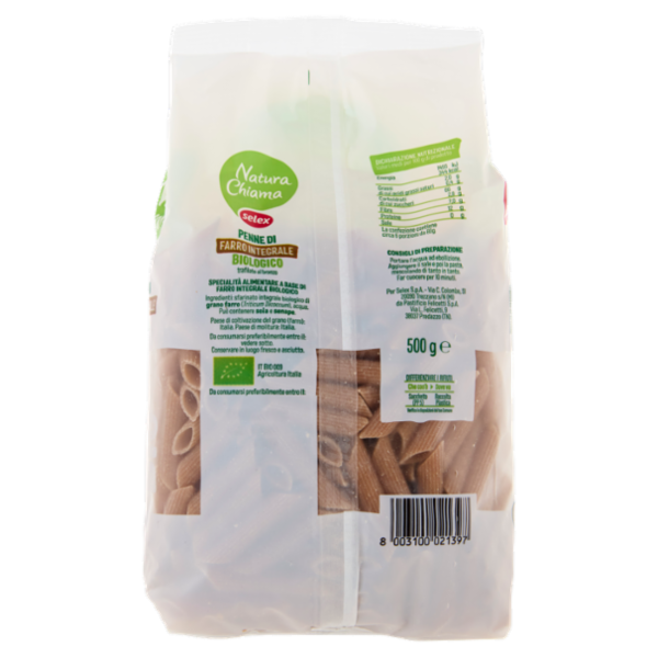 Selex Natura Chiama Pasta di Farro Integrale Biologico Trafilata al Bronzo Penne Rigate 500 g