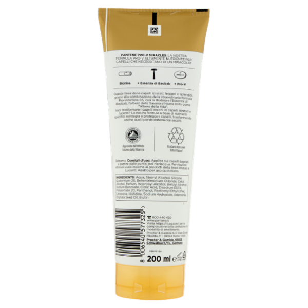 Pantene Pro-V Miracles Idratati & Lucenti con Biotina+Essenza di Baobab Balsamo Dissetante 200 ml