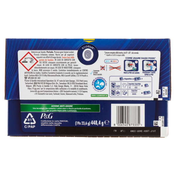 Dash Power Pods Detersivo Lavatrice In Capsule, Azione Anti-Odore, 19 Lavaggi 448,4 g