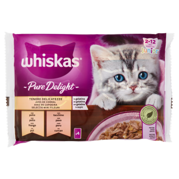 Whiskas Junior Pure Delight Tenere Delicatezze in gelatina con pollo, con tacchino 4 x 85 g