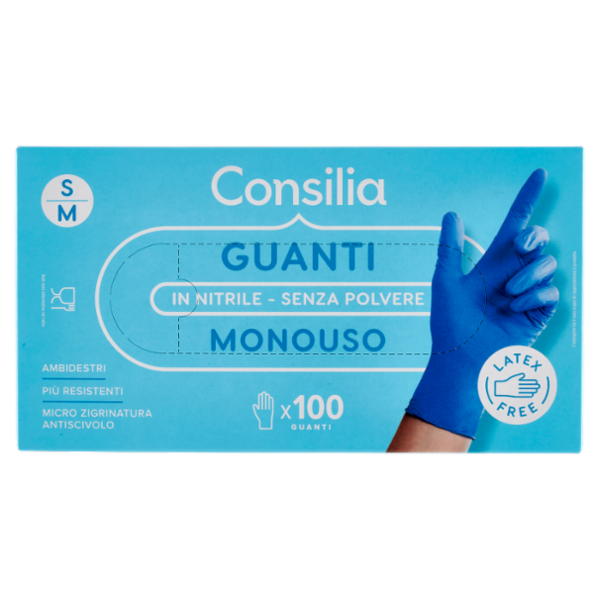 Consilia Guanti Monouso in Nitrile Senza Polvere Taglia S/M 100 pz