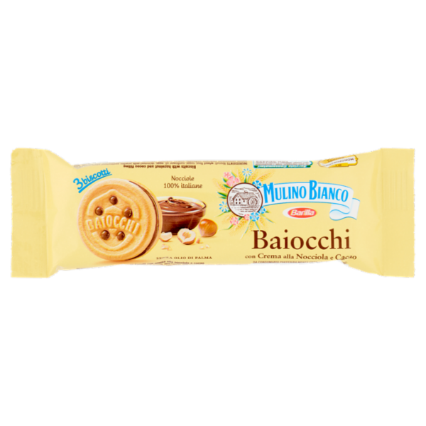 Mulino Bianco Baiocchi Biscotti Snack Farciti con Crema alla Nocciola e Cacao monoporzione 28g