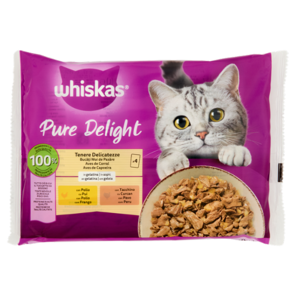 Whiskas Pure Delight Cibo Umido Gatto Tenere Delicatezze in Gelatina con Pollo e Tacchino 4x85g