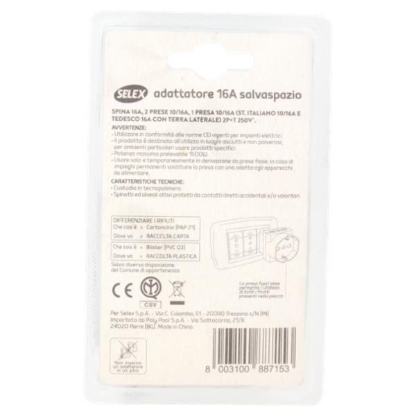 Selex Adattatore Pluristandard Spina 16A + 2 Prese Bivalenti + 1 Presa Tedesca Nero