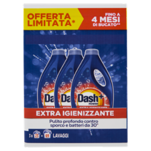 Dash Power Detersivo Liquido Lavatrice, Azione Extra-Igienizzante, 3x23 Lavaggi=69 Lavaggi 3x1035ml