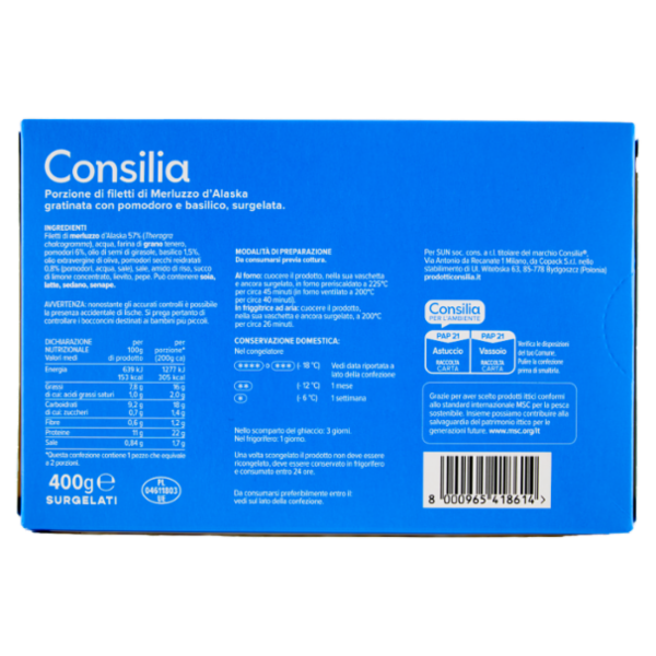 Consilia Filetti di Merluzzo D'Alaska Gratinati con Pomodoro e Basilico Surgelati 400 g