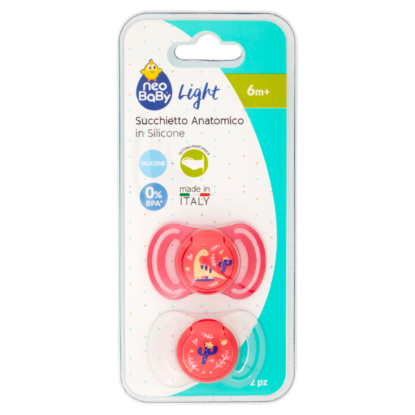 neo Baby Light Succhietto Anatomico in Silicone 6m+ Dino Rosa 2 pz
