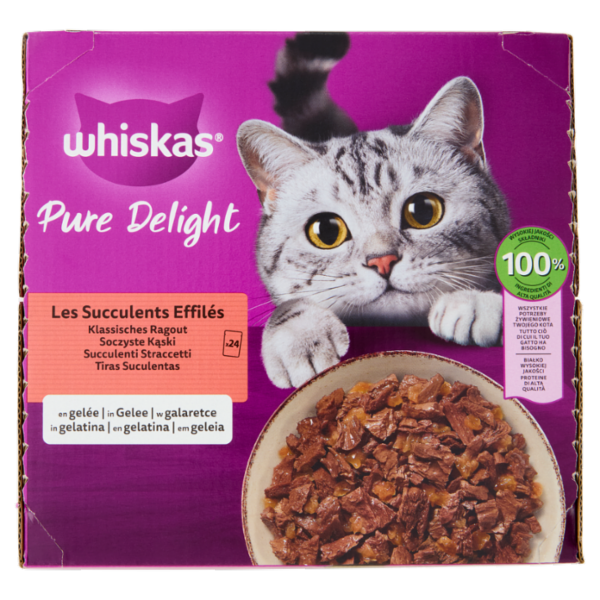 Whiskas Pure Delight Succulenti Straccetti in Gelatina con Manzo, Pollo, Pollame, Agnello 24x85g