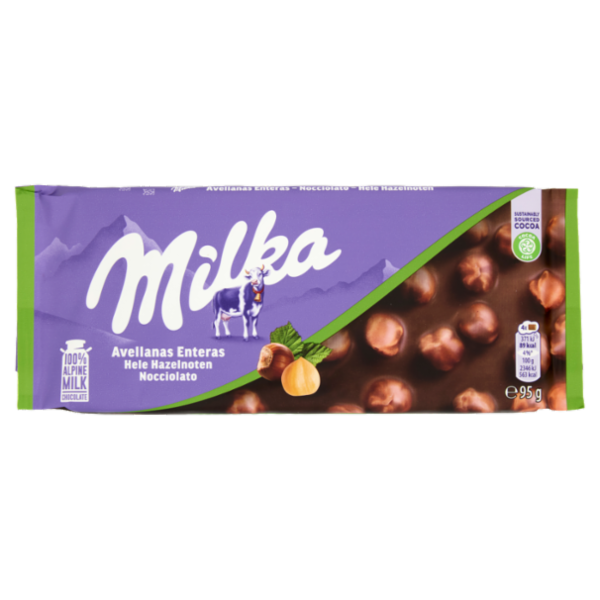 Milka Nocciolato, tavoletta di cioccolato al latte 100% Alpino con nocciole intere - 95g