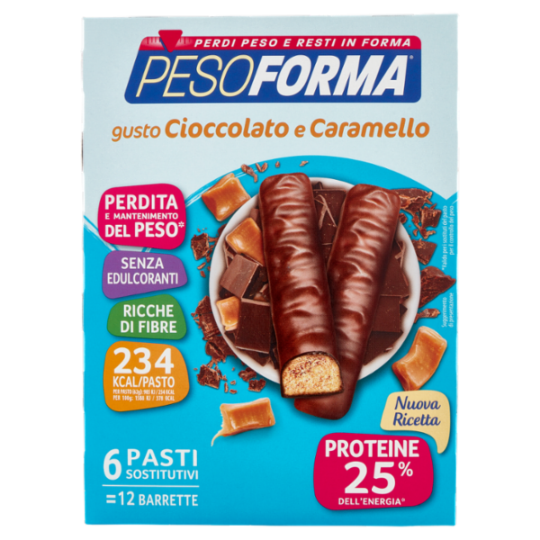 Pesoforma gusto Cioccolato Caramello, pasto sostitutivo ricco di fibre, 234 kcal per pasto, 12 x 31g