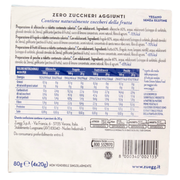 Zuegg Zero Zuccheri Aggiunti* Albicocche, Fragole, Frutti di Bosco, Pesche 4 x 20 g