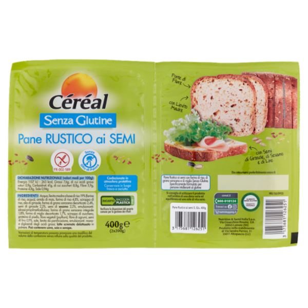 Céréal Senza Glutine Pane Rustico ai semi, Pan Bauletto senza Olio di Palma - 2 per 200g