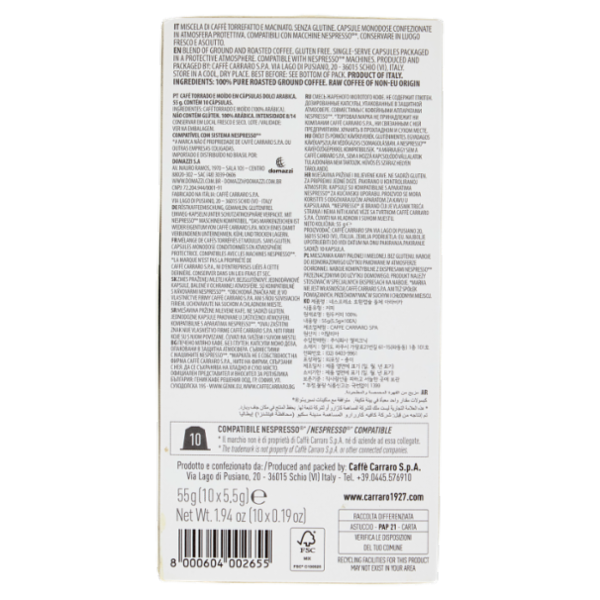 Carraro Dolci Arabica Aluminium Coffee Capsules 10 x 5,5 g