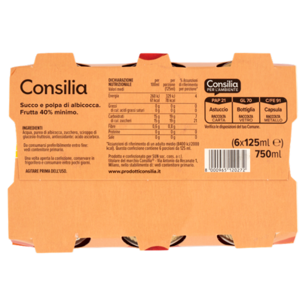 Consilia Succo e Polpa di Albicocca 6x125 ml