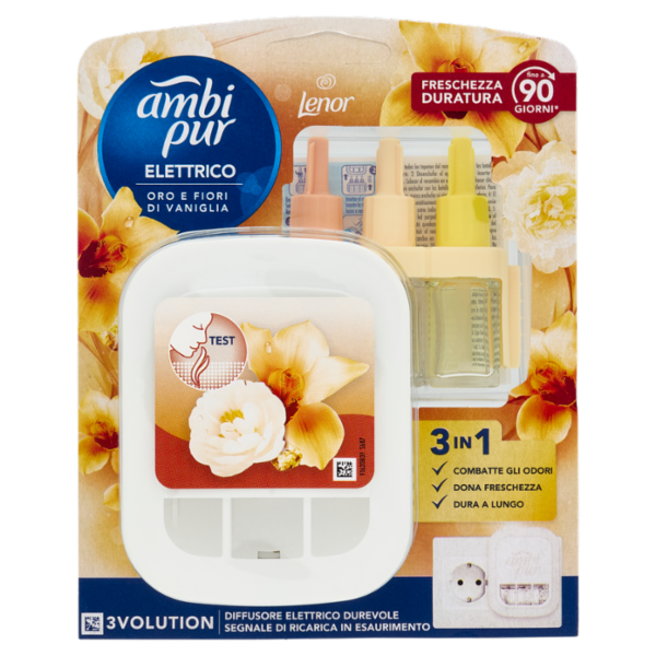 Ambi Pur Profumatore per Ambienti Diffusore Elettrico+Ricarica 3Volution, Oro Fiori di Vaniglia 20ml