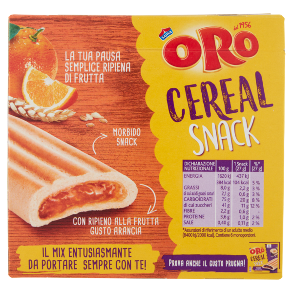 Oro Cereal Snack Arancia, soffice barretta con ripieno all'arancia - 162g