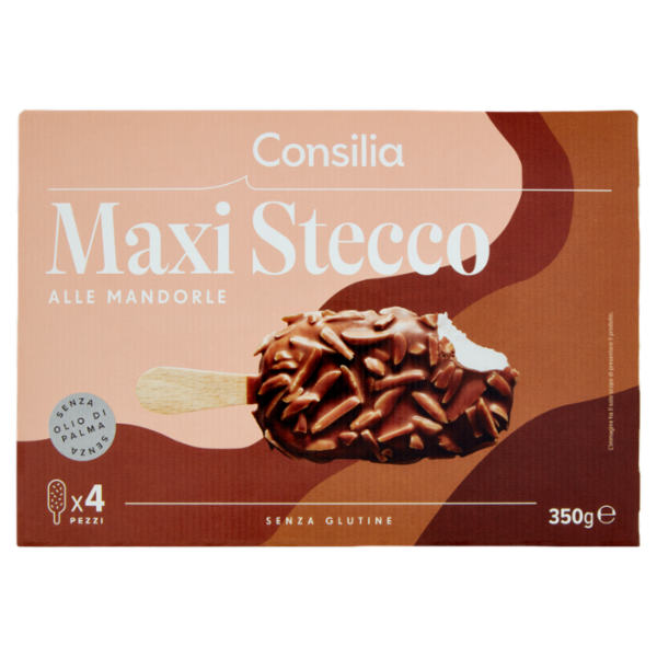 Consilia 4 Maxistecchi di Gelato Vaniglia Ricoperti Cioccolato al Latte e Mandorle 350 g