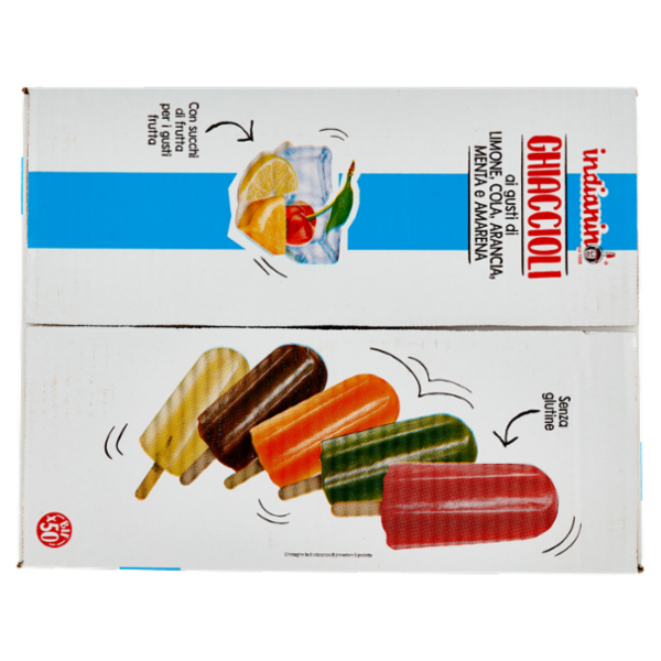 indianino Ghiaccioli ai gusti di Limone, Cola, Arancia, Menta e Amarena 50 x 75 g