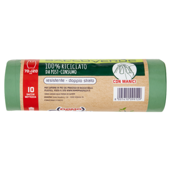 Domopak Spazzy Sacco Verde 100% Riciclato da Post-Consumo con Manici 110 lt 70x120 cm 10 pz